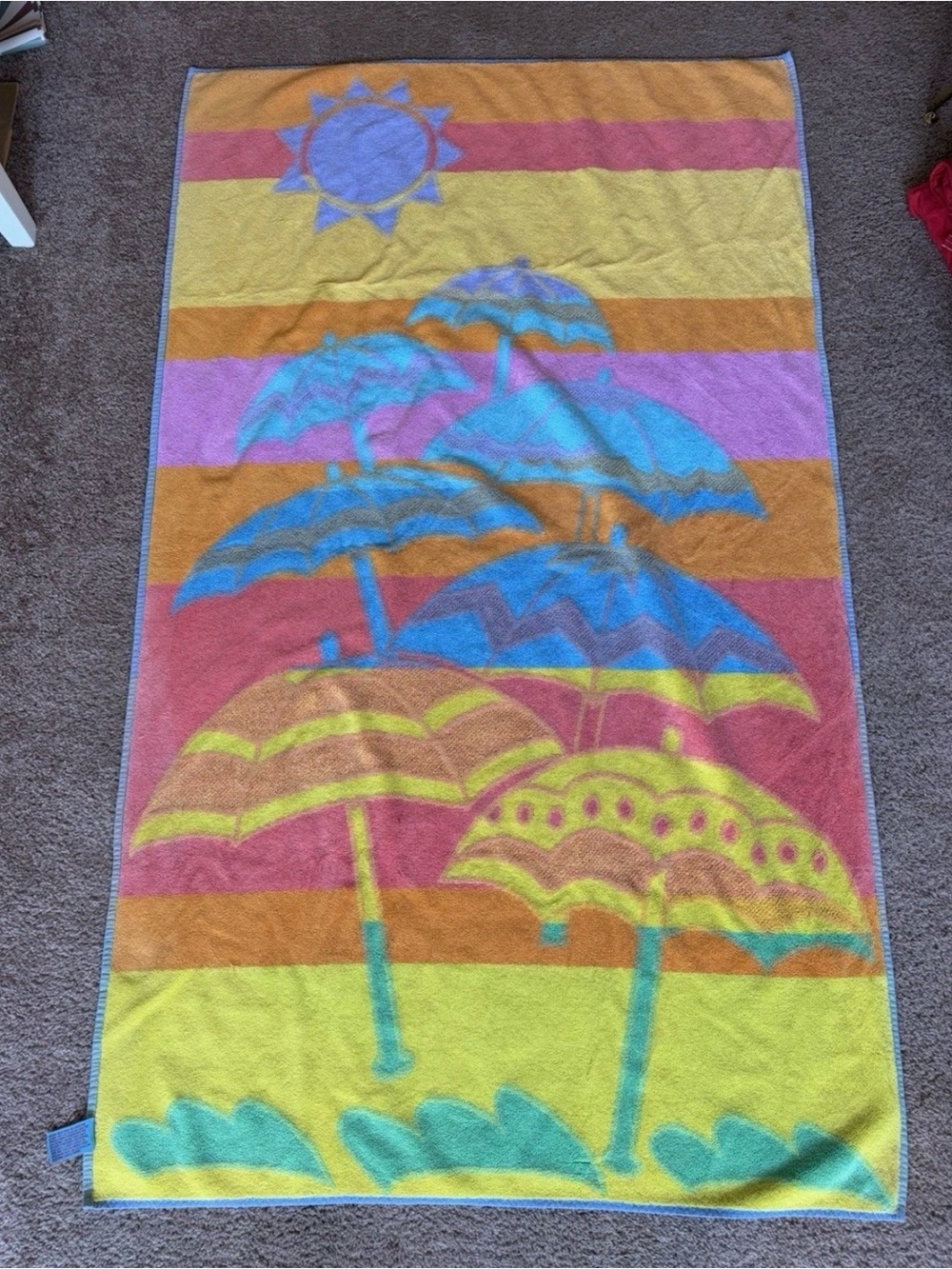 Vintage Terrisol Beach Towel Pastel Purple Blue Green Umbrellas 100% Cotton
